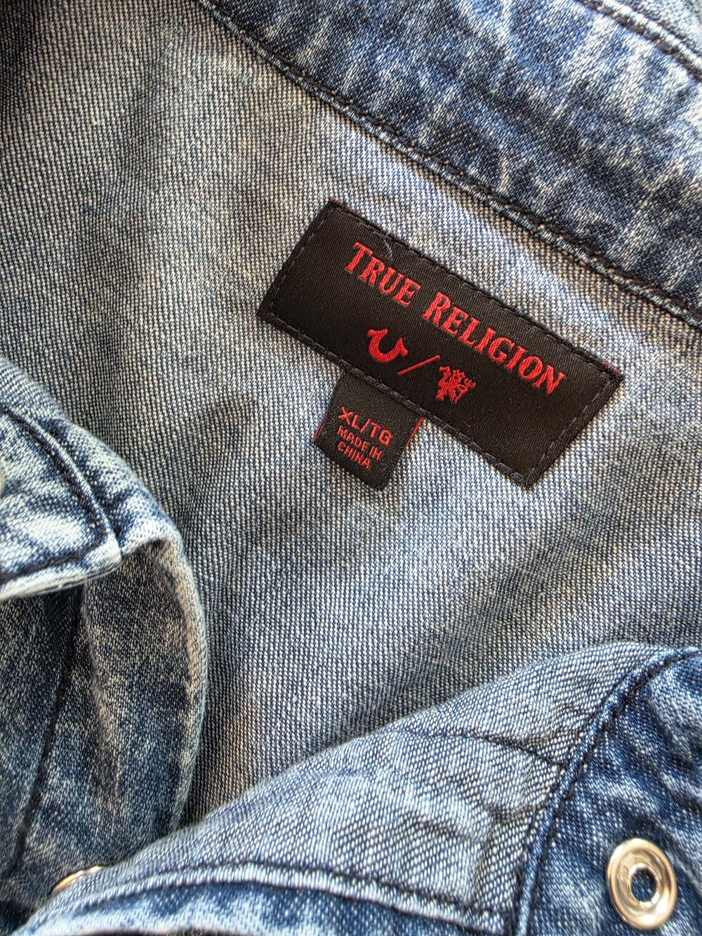 True Religion Denim Button Up Shirt Mens Western Snap Front Red Stitch Size XL - Picture 5 of 6